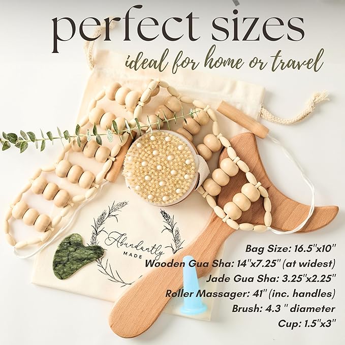 Abundantly Made Co. | 6-Piece Lymphatic Drainage Variety Kit + Wood Therapy Massage Tools | Wood, Jade & Silicone for Maderoterapia, Gua Sha, Cupping & Dry Brushing | Body Sculpting + Fascia Massager