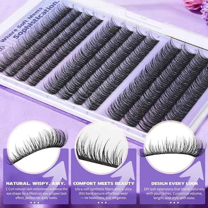 Kiromiro Natural Lash Clusters Kit 12-16mm Cluster Eyelash Extensions C Curl Individual Lash Clusters Kit 144pcs DIY Wispy Eyelash Clusters with Bond and Seal & Tweezers
