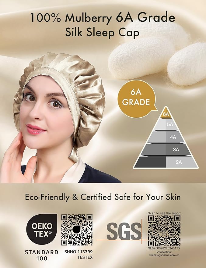 LilySilk 100% Mulberry Silk Bonnet, 19 Momme Silk Night Sleep Cap Adjustable Hair Wrap for Sleeping, Taupe