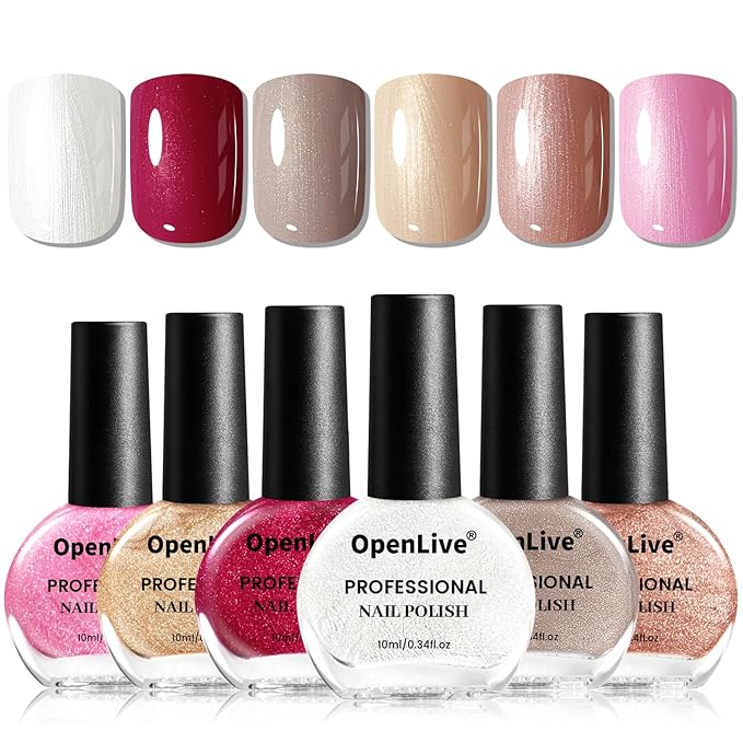 OpenLive 10ml Glitter Nail Polish Set 6 Colors Glitter Red Pink White Nail Polish Set for Nail Art