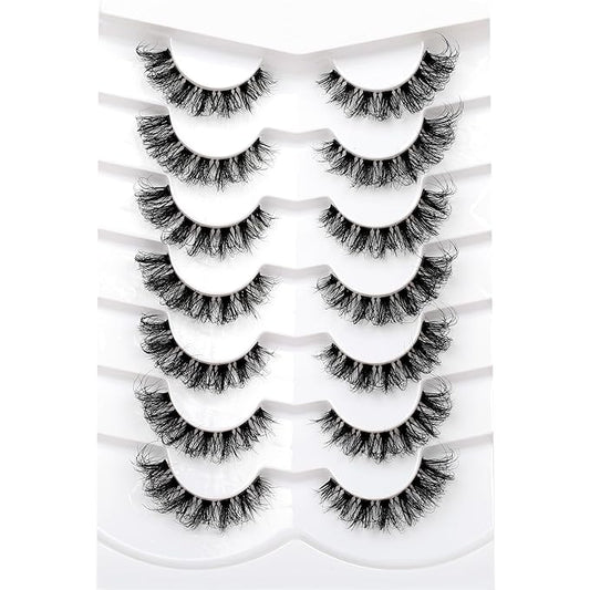 Pooplunch Fake Eyelashes Faux Mink Lashes Strips Cat Eye Wispy Volume Lashes D-Curly Clear-Band Natural 8D Extension Wispies 7 Pairs Pack