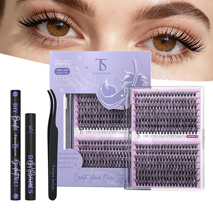 THINK SHOW 280PCS Lash Clusters Kit - 30D & 40D Volume Lashes Clusters, 9-16mm Wispy and Natural Lash Clusters, Easy Apply at Home, Reusable & Cruelty Free Cluster Eyelash Extensions