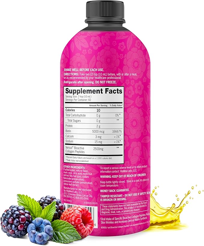 Zena Nutrition Liquid Collagen for Women & Men (Type 1 & 2) & 5000mcg Biotin, 2500mg Verisol Bioactive Collagen Peptides, Hair, Skin, Nail Supplement, Mixed Berry, 60 Servings, 20.3 fl oz