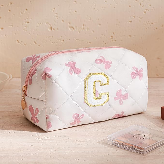 HBselect Initial Makeup Bag for Women, Pink Cosmetic Travel Toiletry Bag, Flowers Zipper Make Up Pouch Organizer Teen Girl Gifts Trendy Stuff C