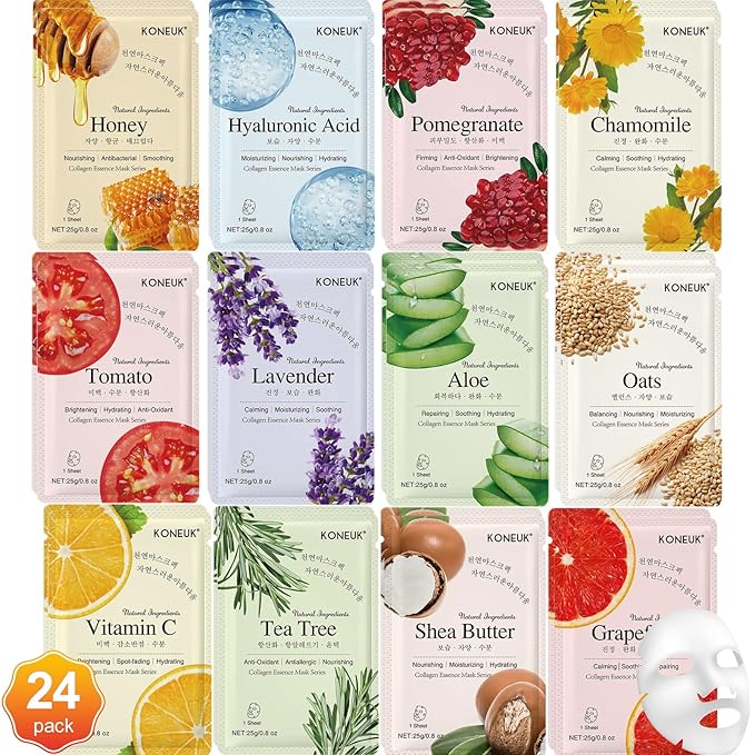 KONEUK 24 Pack Sheet Face Masks Skincare for Women, Hydrating Collagen Essence Face Masks Suitable for All Skin Types, Face Mask Gifts Set for Spa Party, Bulk Facial Masks for Women Skin Care
