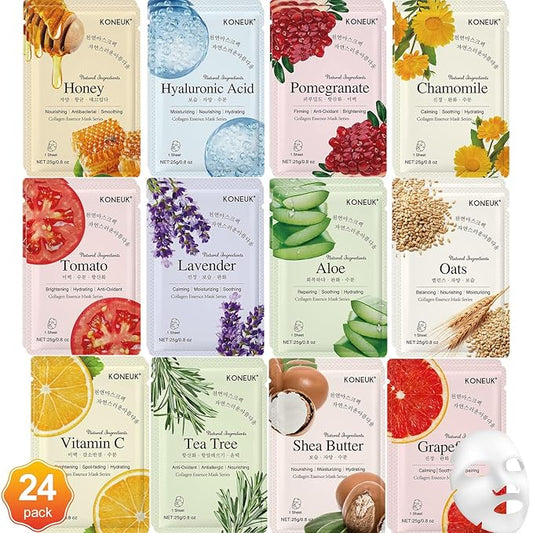 KONEUK 24 Pack Sheet Face Masks Skincare for Women, Hydrating Collagen Essence Face Masks Suitable for All Skin Types, Face Mask Gifts Set for Spa Party, Bulk Facial Masks for Women Skin Care