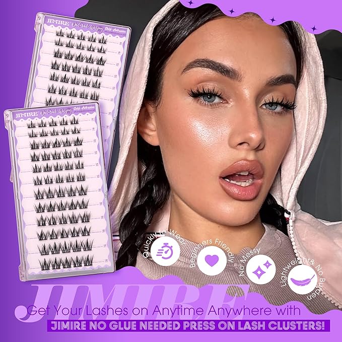 Self Adhesive Eyelashes Wispy Lash Clusters D-Curly Pre Glued Eyelashes Clusters 8-14MM Natural Press on Cluster Lashes Easy to Apply Self Adhesive Lash Clusters No Glue Needed by JIMIRE