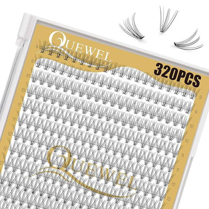 QUEWEL Lash Clusters 320Pcs Cluster Lashes 10D D Curl Lash Cluster Eyelash Extensions Mix9-16mm Individual Eyelashes Clusters Wispy Lash Clusters Thin Band Soft to Use at Home(10D D Mix9-16)