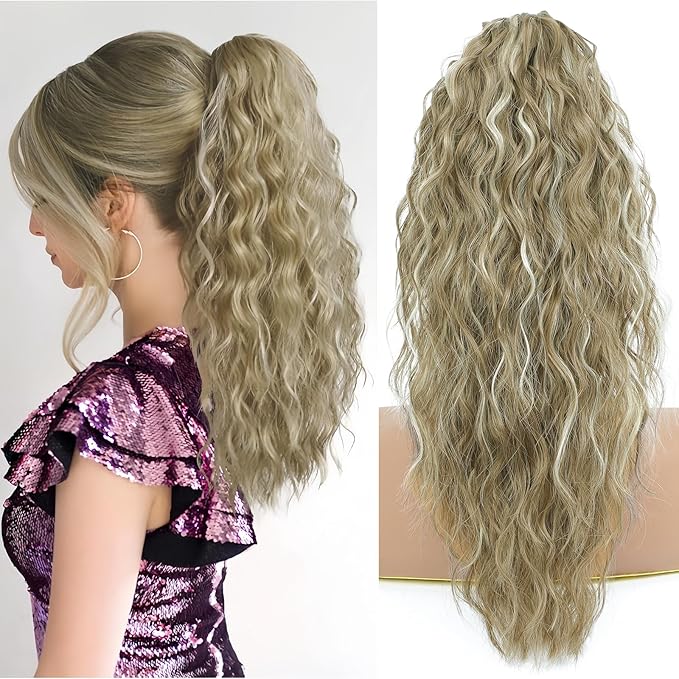 Ponytail Extension, Claw Clip on Pony tails Hair Extension for Women 18 Inch Long Wavy Curly Fake Ponytail Clip in Hair Pieces for Women Fluffy Natural Looking (Flax Brown with white Highlights)