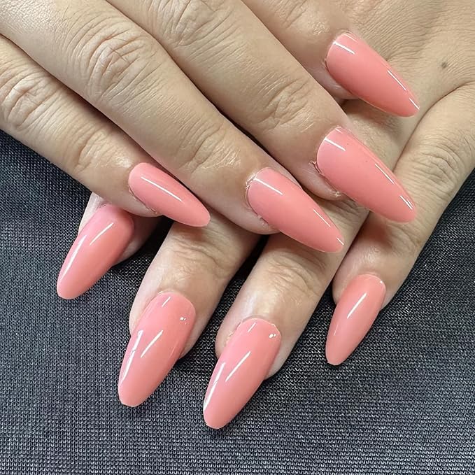 JONKASIPA Pink Pressed Gel Nails French Almond Shaped False Nails, Reusable Feminine Nail Art - Set of 24 Pcs Medium Nails