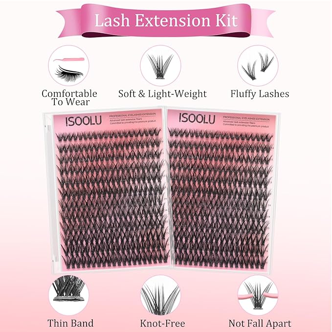 ISOOLU Fairy Lash Clusters Manga Individual Lashes C Curl Wispy Eyelash Clusters WideSpan Eyelash Extension Kit with Lash Bond and Seal Wet-Look Spiky Cluster Lashes (40D 240pcs)