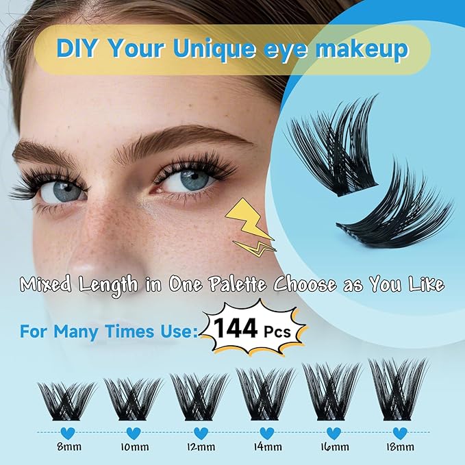 KevKev Lash Clusters Kit Eyelash Clusters Kit 144pcs Cluster Eyelash Extensions Kit DIY Lash Extension Kit Wispy Lash Clusters with Lash Bond and Seal Lash Applicator Lash Remover(Land, D-8-18mix)