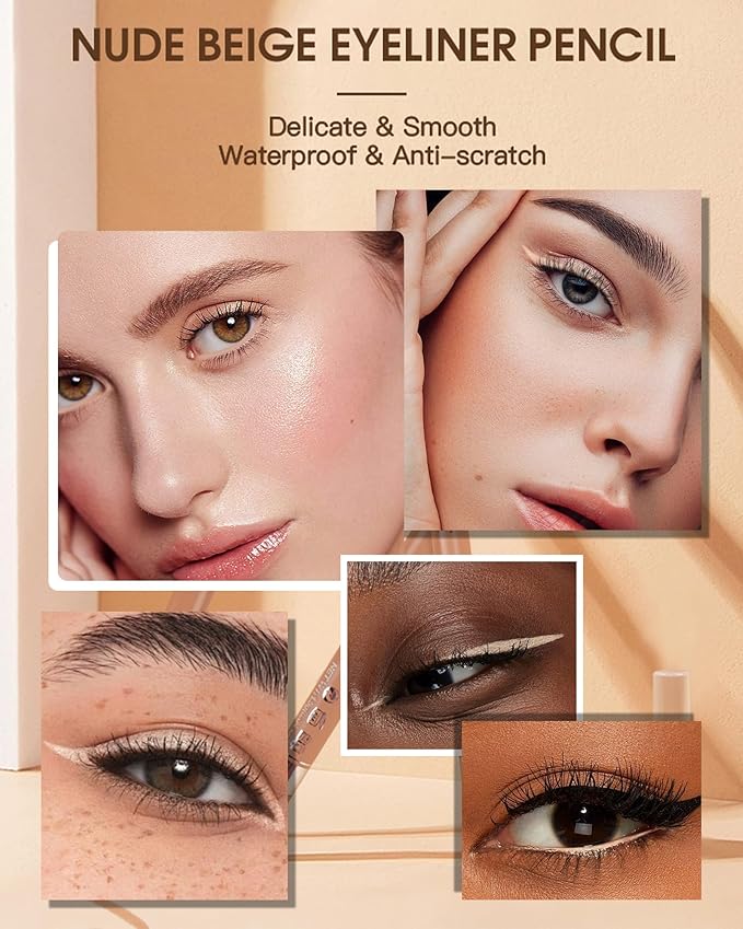 Nude Beige Water Line Gel Eyeliner Pencil-1Pcs Waterproof Smudge-Proof Cream Eye Liner Waterline Brightener Pen,Smooth Easy-to-Sharpen Pencil with Sharpener,Longlasting Eye Makeup Gift for Older Women