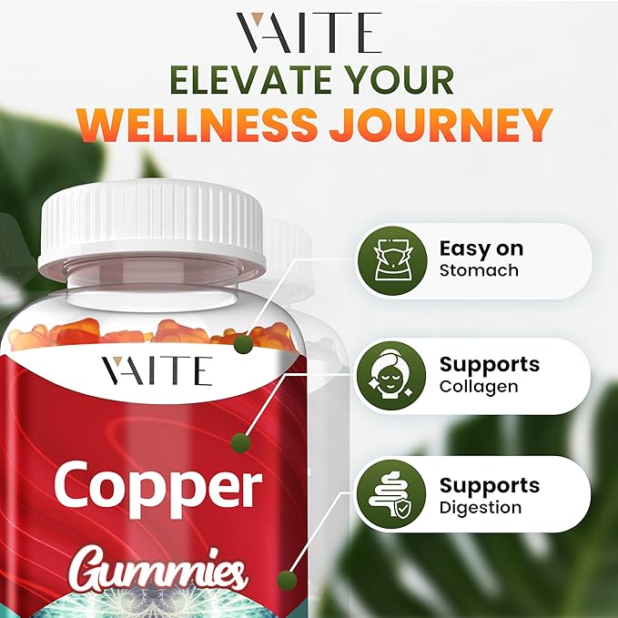 VAITE Copper Supplement Gummies 10 mg Amino Acid Chelate – Trace Mineral That Plays a Role in Collagen Formation, Gentle on Stomach, Supports Daily Nutrition & Balance – Vegan, Non-GMO, 60 Count