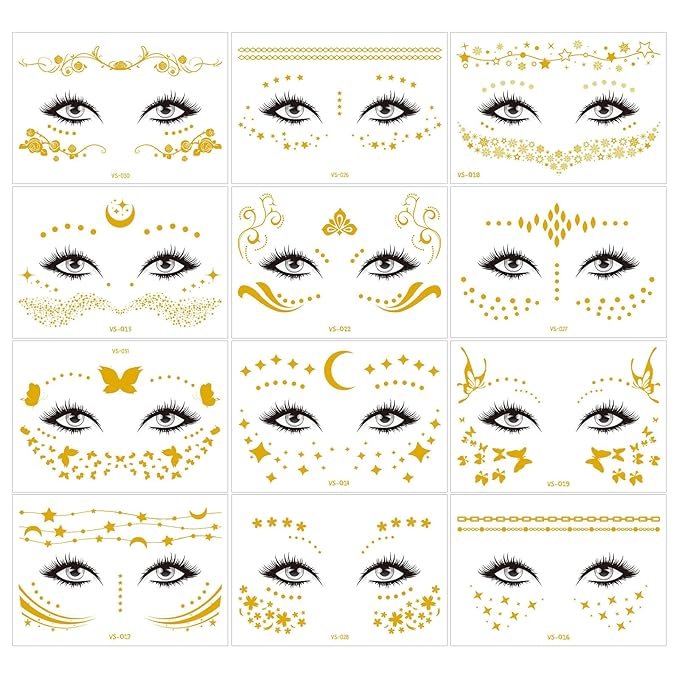 12 Pcs Gold Glitter Freckles Face Tattoo,Sparkle Makeup Patches Metallic Face Temporary Tattoos Stickers,Gold Face Freckle Tattoo for Women Halloween Christmas Party Decor 638