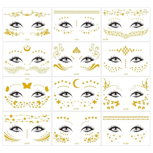 12 Pcs Gold Glitter Freckles Face Tattoo,Sparkle Makeup Patches Metallic Face Temporary Tattoos Stickers,Gold Face Freckle Tattoo for Women Halloween Christmas Party Decor 638