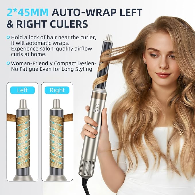 6-in-1 Hair Styler, Hair Dryer, Multi-Function Hot Air Brush Set, Ionic Blow Dryer with Interchangeable Attachments for Curling, Straightening, Volumizing, Gift for Women(Champagne Gold)