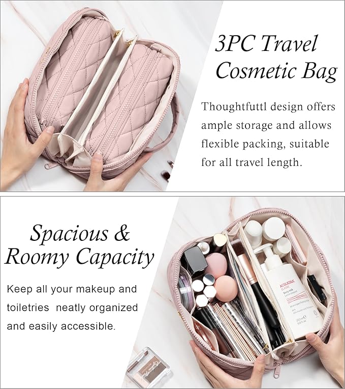Travel Makeup Bag, 3 Pcs Large Capacity Puffy Toiletry Bag for Women, Open Flat Make up Cosmetic Organizer w/Handle & Clear Divider Water-resistant Portable Pouch Travel Essentials, M-Cream White