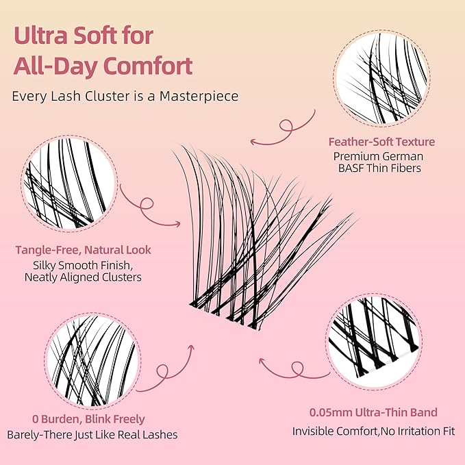 Natural Wispy Soft Lash Clusters with 0.05mm Invisible Band, C Curl 8-16mm, DIY Salon Effect Lightweight Lash Extensions, FayJoo AIRY 11 Lash Only