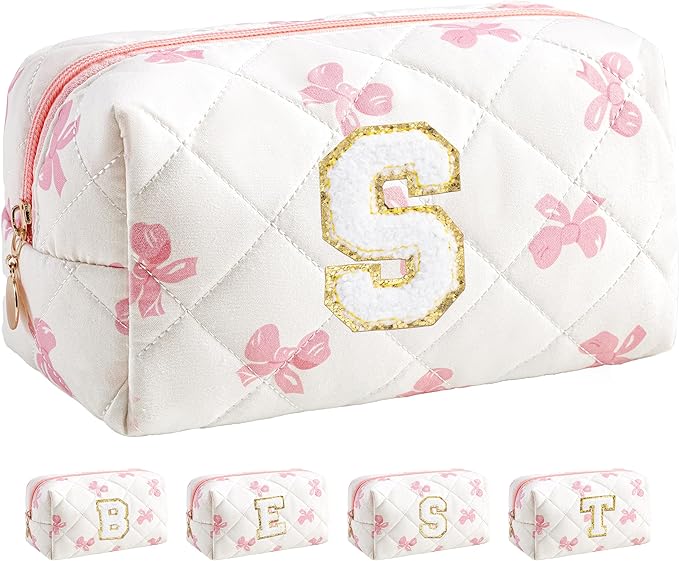 HBselect Initial Makeup Bag for Women, Pink Cosmetic Travel Toiletry Bag, Flowers Zipper Make Up Pouch Organizer Teen Girl Gifts Trendy Stuff S