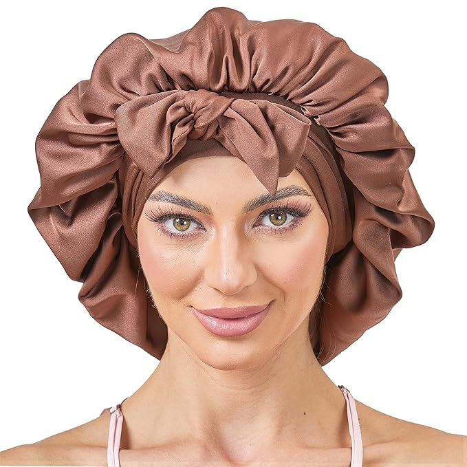 Silk Satin Bonnet for Sleeping Hair: Women Sleep Night Wrap Cap for Straight Wavy Curly Coily Kinky Natural Hair Head by Tie Band - Coffee + Gold