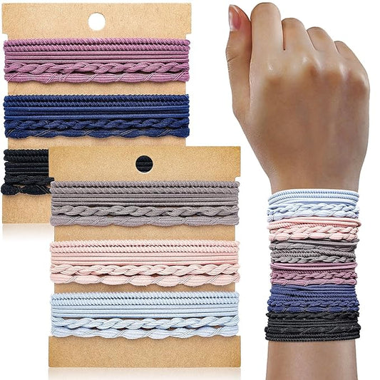 Boho Hair Ties Set, 24 Pcs Hair Tie Bracelet for Girls and Women, Soft Nylon Cotton Hair Ties, Hair Bands for Ponytails, Daily Life, Sport, Cooking, Working