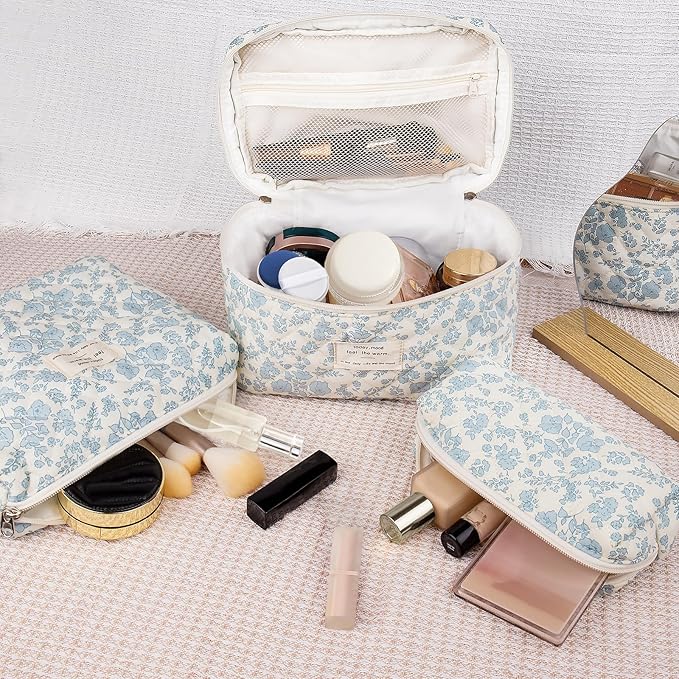 Quilted Makeup Bag Set, Large Floral Cosmetic Bag for Women, Cute Cotton Makeup Bag, Flower Travel Toiletry Organizer Bag (Yellow Daylily)