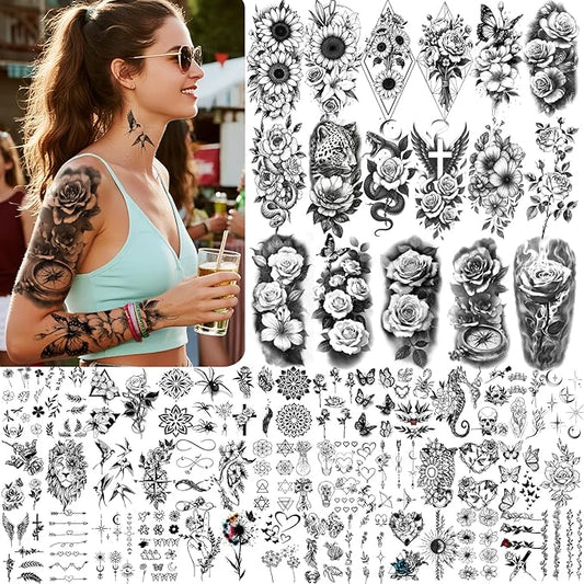 Flowers Temporary Tattoos Adult,92 Sheets Body Art Fake Tattoos Stickers,Rose Tattoos Temporary Realistic for Women Waterproof Long-Lasting