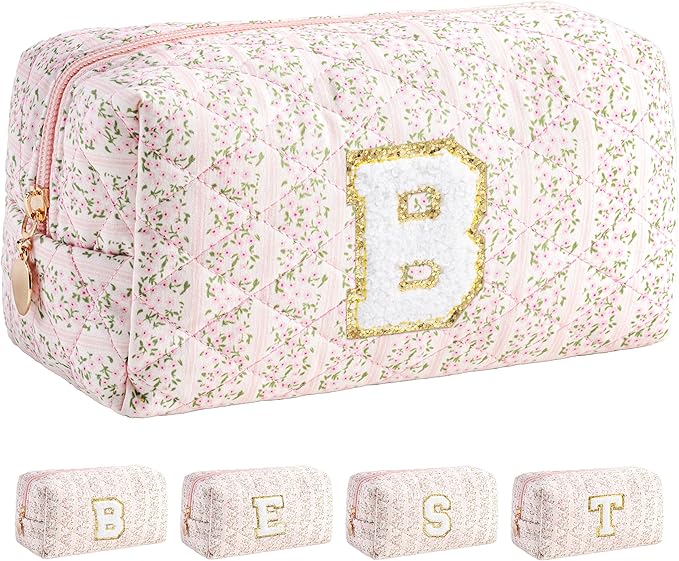 HBselect Initial Makeup Bag for Women, Pink Cosmetic Travel Toiletry Bag, Flowers Zipper Make Up Pouch Organizer Teen Girl Gifts Trendy Stuff B
