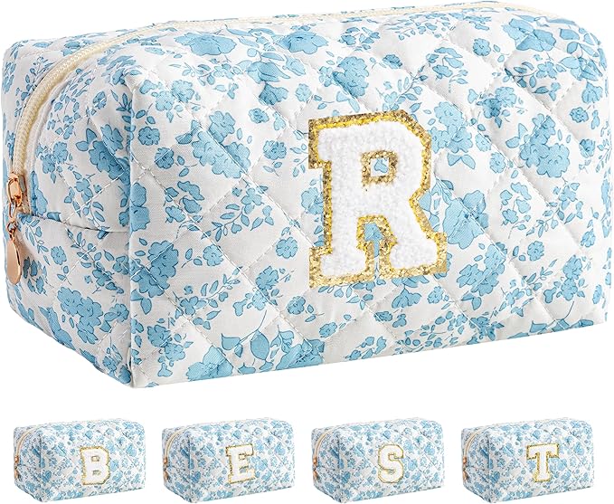 HBselect Initial Makeup Bag for Women, Quilted Cosmetic Travel Toiletry Bag, Flowers Zipper Make Up Pouch Organizer Teen Girl Gifts Trendy Stuff R