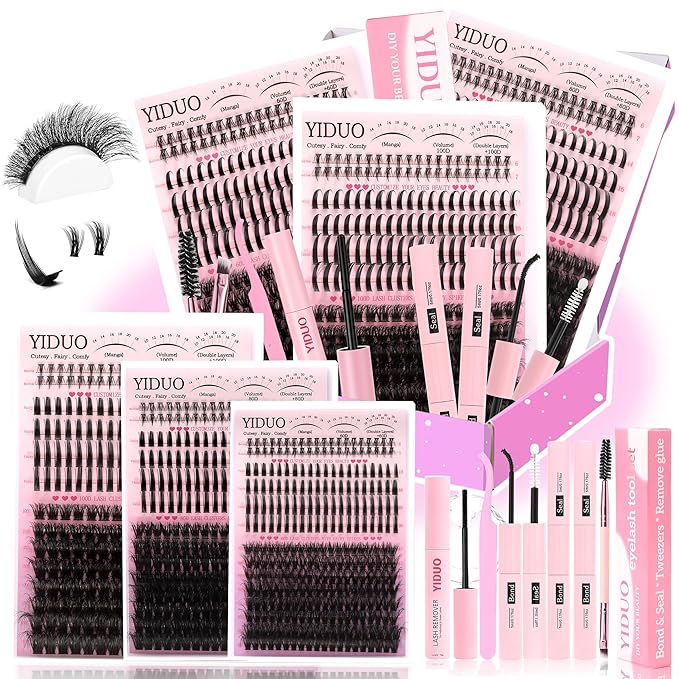 YIDUO Lash Clusters Kit with Spikes Bottom clusters Eyelash Extensions 808Pcs with 2X Bond&Seal 60D/80D/100D 3D Volume D Curl Wispy DIY Individual Lashes Large Pack for Beginners Choice