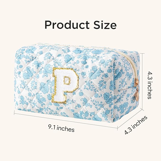 HBselect Initial Makeup Bag for Women, Quilted Cosmetic Travel Toiletry Bag, Flowers Zipper Make Up Pouch Organizer Teen Girl Gifts Trendy Stuff P