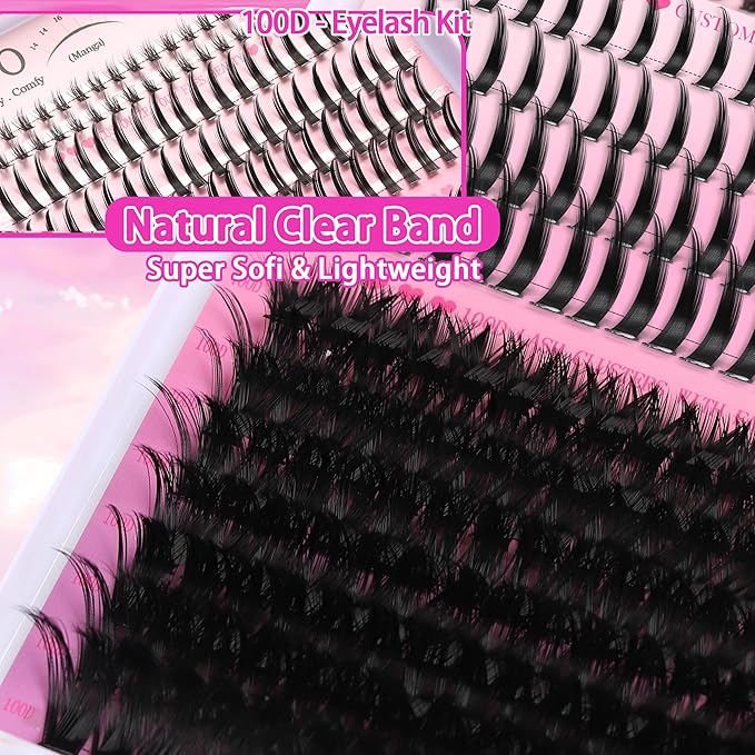 YIDUO Lashes Clusters Kit Bottom Lashes with Spikes 100D Cluster Eyelash Extensions Kit 10-120mm D Curl Volume Manga DIY Individual Strips Lashes Thick with Lash Bond and Seal Tweezers Remover