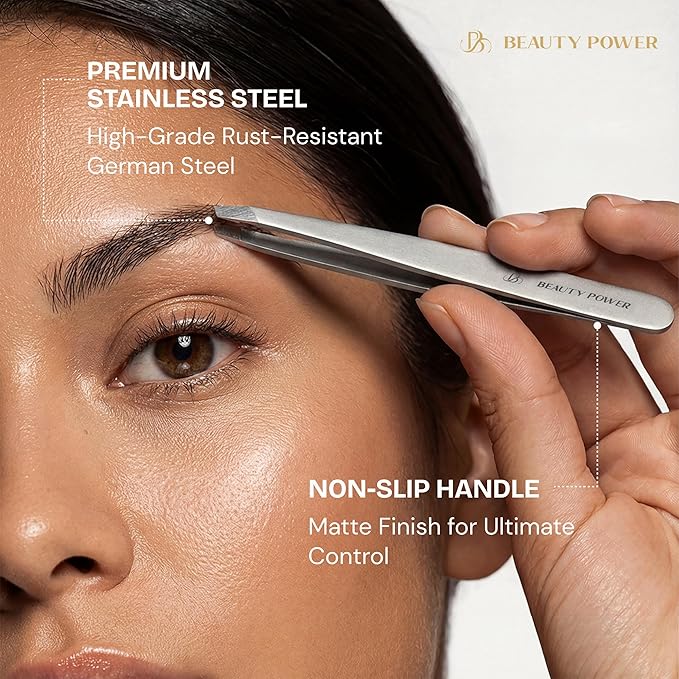 Beauty Power Professional Tweezers in Case - Slant, Durable Lightweight German Stainless Steel, Ultra Precision Tweezers for Eyebrows, Facial Hair, Chin, and Ingrown Hair Removal - Gift (Matte Gray)
