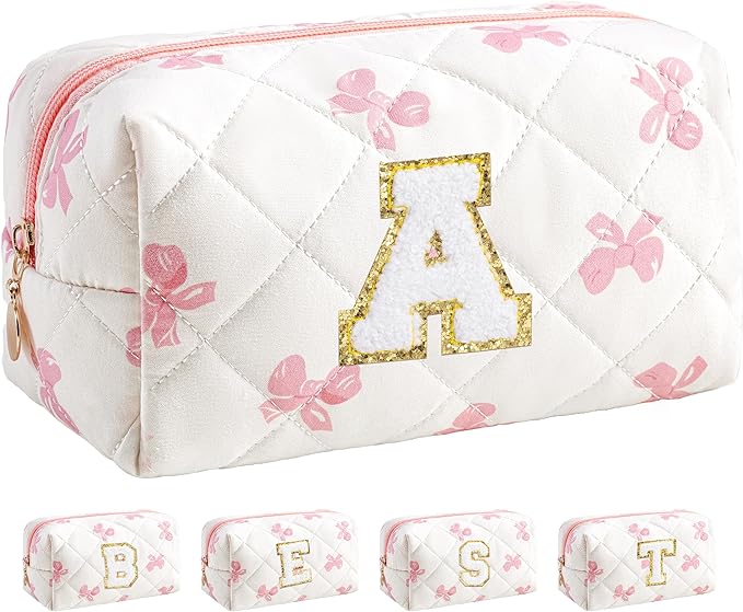 HBselect Initial Makeup Bag for Women, Pink Cosmetic Travel Toiletry Bag, Flowers Zipper Make Up Pouch Organizer Teen Girl Gifts Trendy Stuff A