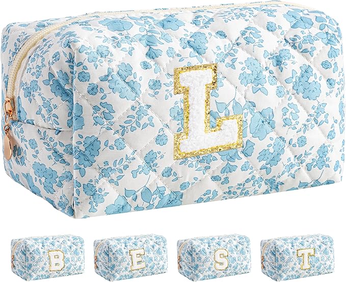 HBselect Initial Makeup Bag for Women, Quilted Cosmetic Travel Toiletry Bag, Flowers Zipper Make Up Pouch Organizer Teen Girl Gifts Trendy Stuff L
