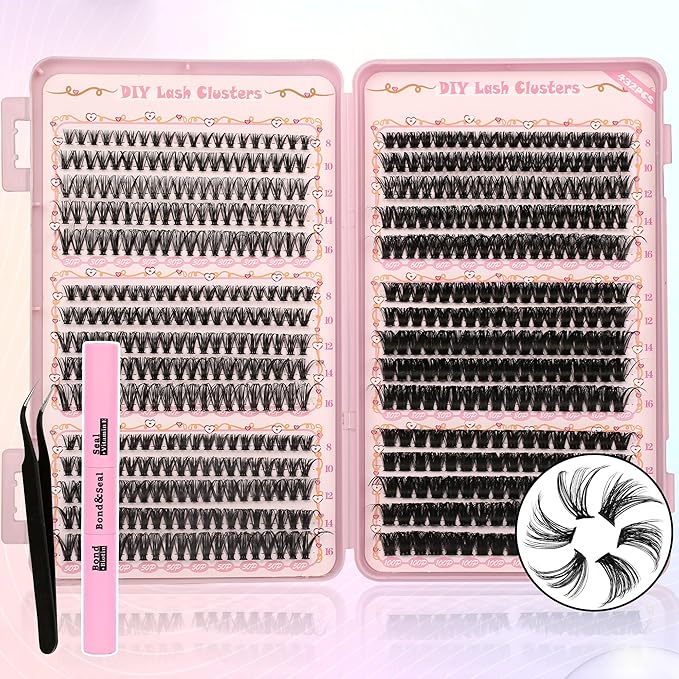 Gmagictobo Lash Clusters Fluffy DIY Lash Clusters Kit Volume Lash Extension Kit 570Pcs Individual Lashes Clusters Thin Band Eyelash Extension Kit Lash Bond and Seal Lash Tweezers