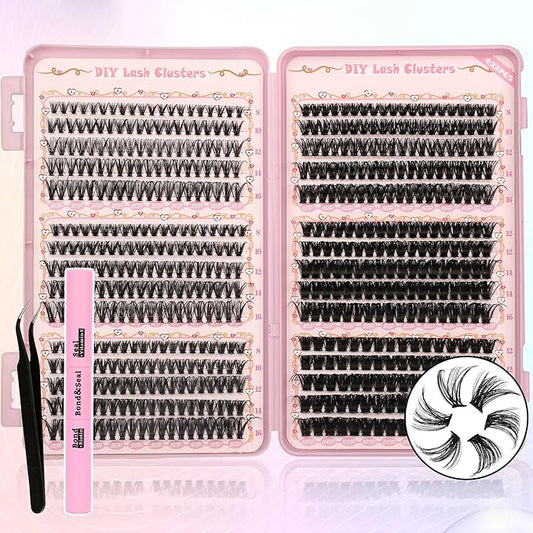 Gmagictobo Lash Clusters Fluffy DIY Lash Clusters Kit Volume Lash Extension Kit 570Pcs Individual Lashes Clusters Thin Band Eyelash Extension Kit Lash Bond and Seal Lash Tweezers