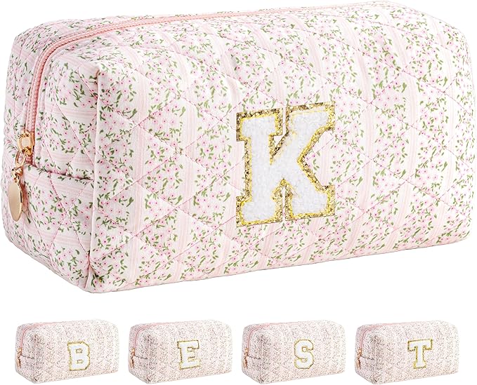 HBselect Initial Makeup Bag for Women, Pink Cosmetic Travel Toiletry Bag, Flowers Zipper Make Up Pouch Organizer Teen Girl Gifts Trendy Stuff K