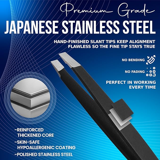 Slanted Stainless Steel Tweezers for Men & Women - Precision Eyebrow Tweezers for Facial Hairs, Strong Grip, Fine Tip, Professional Tweezer for Plucking & Grooming (Matt Black)