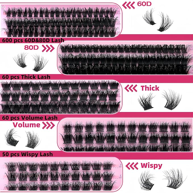 YIDUO Volume Lashes Clusters Lash Kit 770Pcs with 2X Bond&Seal 5 style Mixed C-Curl False Eyelashes Extensions Kit Faux Mink Individual Wispy Lash Clusters Thick Lash Extensions DIY at Home Easily