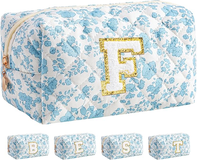 HBselect Initial Makeup Bag for Women, Quilted Cosmetic Travel Toiletry Bag, Flowers Zipper Make Up Pouch Organizer Teen Girl Gifts Trendy Stuff F
