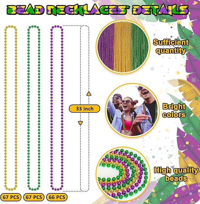 EOBOH 200PCS Mardi Gras Beads, Mardi Gras Green Purple Gold Metallic Beads Necklaces Accessories Bulk, Carnival Mardi Gras Beads Costumes Women Men for Parade Throws Party Decorations Favor Supplies
