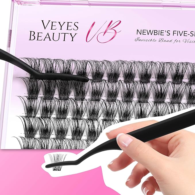 VEYESBEAUTY Lash Clusters Individual Eyelash Extensions Thin & Invisible Band DIY False Eyelashes for Self-application Newbie's Five-Second Series Wispy Lash Tray, Bomb 14mm Single Length