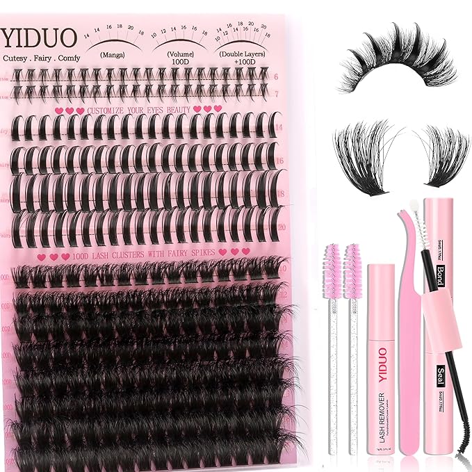 YIDUO 100D Volume Lash Clusters Kit with Long 14-16mm Lashes Spikes+Bottom Clusters Eyelash Extension Kit Thick 248Pcs D-curly Wispy Individual Lash Extensions Kit DIY Spiky Lash Bond and Seal