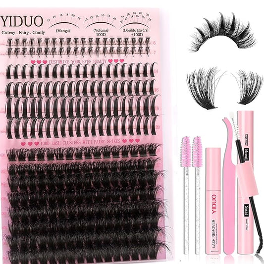YIDUO 100D Volume Lash Clusters Kit with Long 14-16mm Lashes Spikes+Bottom Clusters Eyelash Extension Kit Thick 248Pcs D-curly Wispy Individual Lash Extensions Kit DIY Spiky Lash Bond and Seal