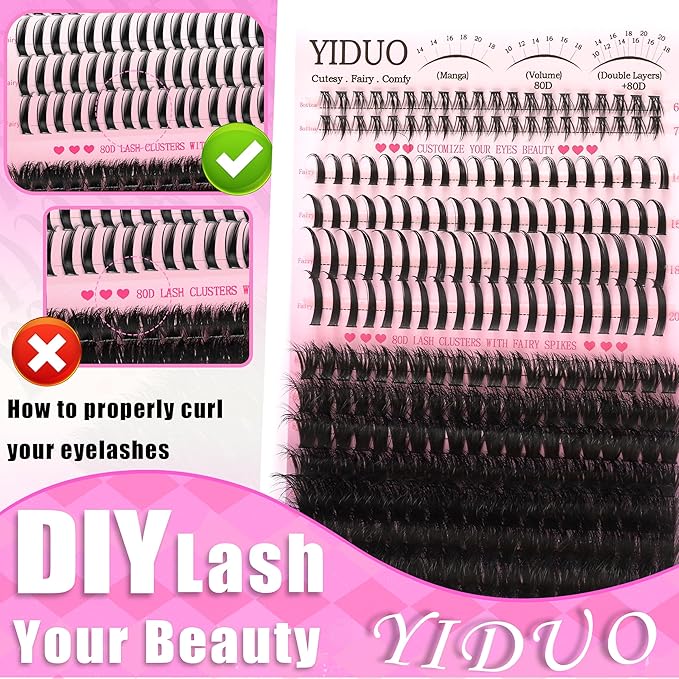 80D Volume Lash Clusters Kit with Long 14-16mm Lashes Spikes+Bottom Clusters Eyelash Extension Kit 280Pcs D-curly Wispy Individual Lash Extensions Kit DIY Spiky Lash Bond and Seal by YIDUO