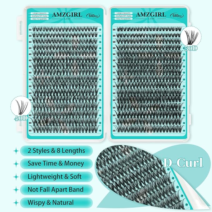 Lash Clusters Kit 640Pcs, 40D+50D Eyelash Extension Kit, Lash Bond and Seal Waterproof, Lash Remover, Lash Applicator Tool and Function Brush for DIY Eyelash Cluster Kit(D-Mix9-16mm Kit)
