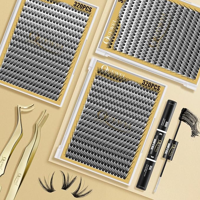 QUEWEL Lash Clusters 320Pcs Cluster Lashes 50D C Curl Lash Cluster Eyelash Extensions Mix9-16mm Individual Eyelashes Clusters Wispy Lash Clusters Thin Band Soft to Use at Home(50D C Mix9-16)