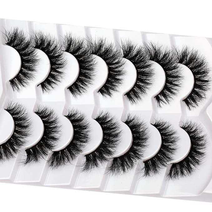 Pooplunch False Eyelashes Cat Eye Lashes Wispy Natural Extension Volume Soft Faux Mink Lash 8D Fake Eyelashes Strips 7 Pairs Pack